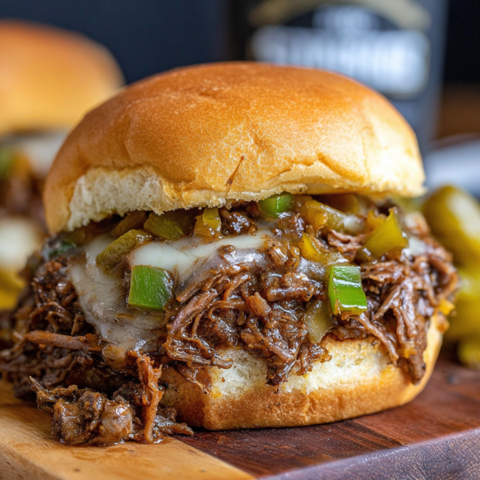 A close up of a cheesesteak sloppy joe sandwich.