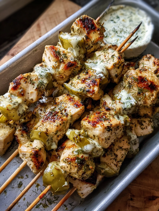A plate of chicken with dill pickle ranch sauce.