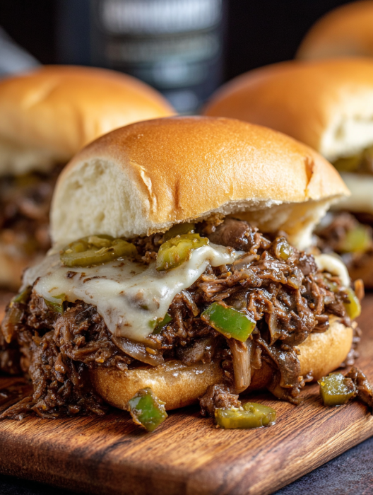 A close up of a cheesesteak sloppy joe sandwich.