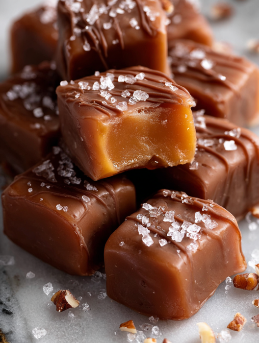 A stack of caramels with sugar on top.