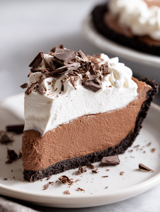 A slice of French Silk pie with chocolate and white cream.