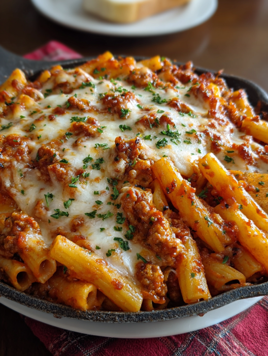 A delicious pasta dish with meat and cheese.
