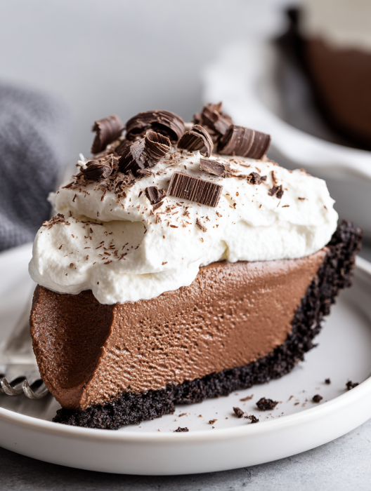 A slice of French Silk Pie with chocolate and white cream.