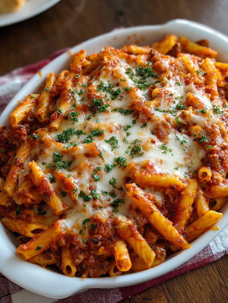 A bowl of pasta with meat and cheese.