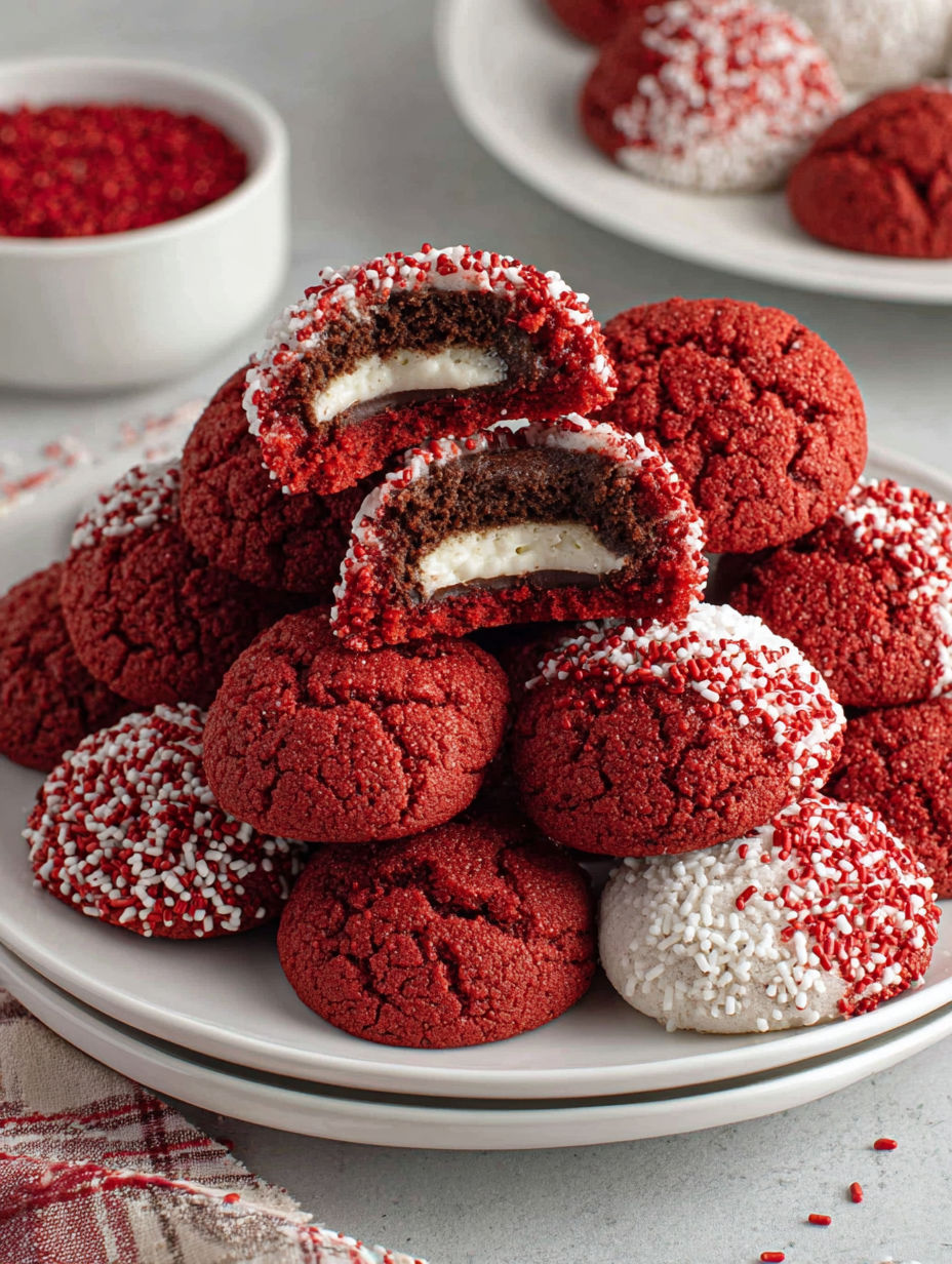 A plate of red velvet cookies with white frosting.