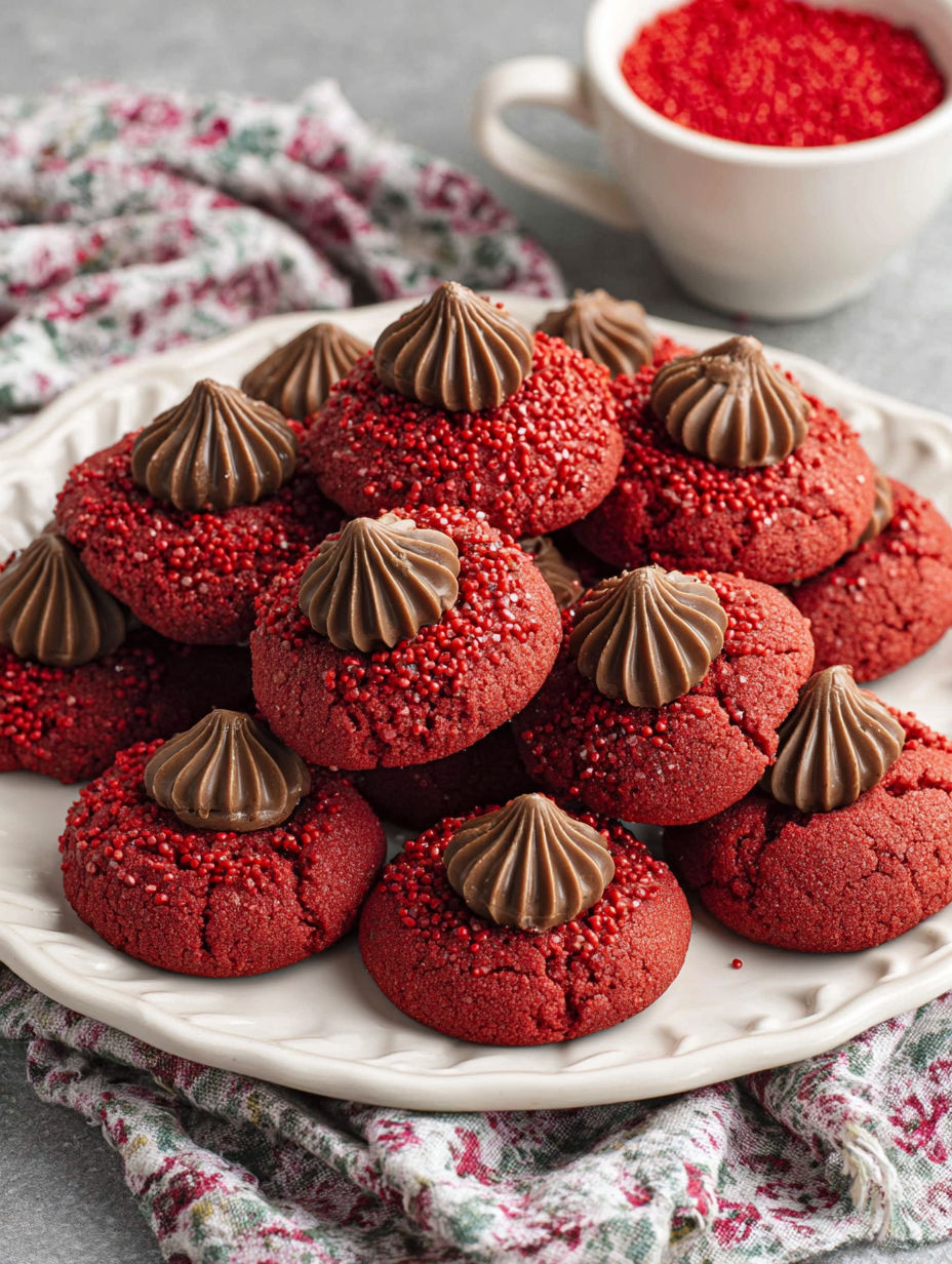 A plate of red velvet cookies with white chocolate drizzled on top.