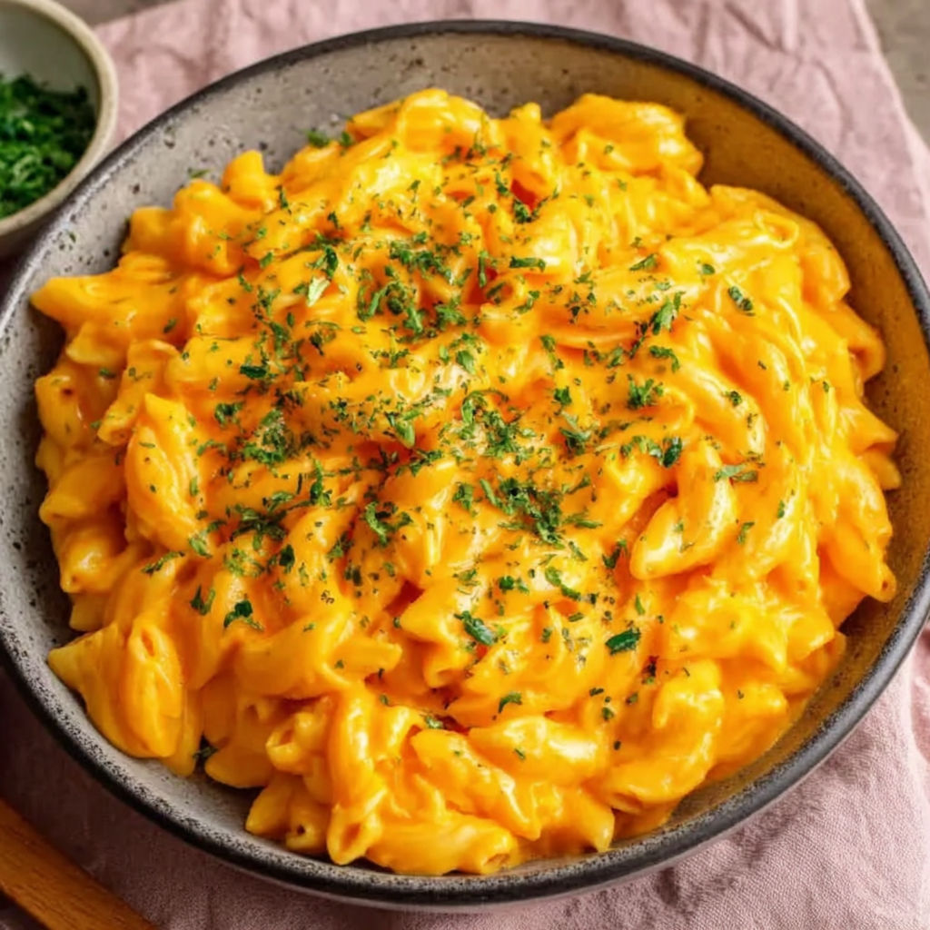 A bowl of macaroni and cheese.