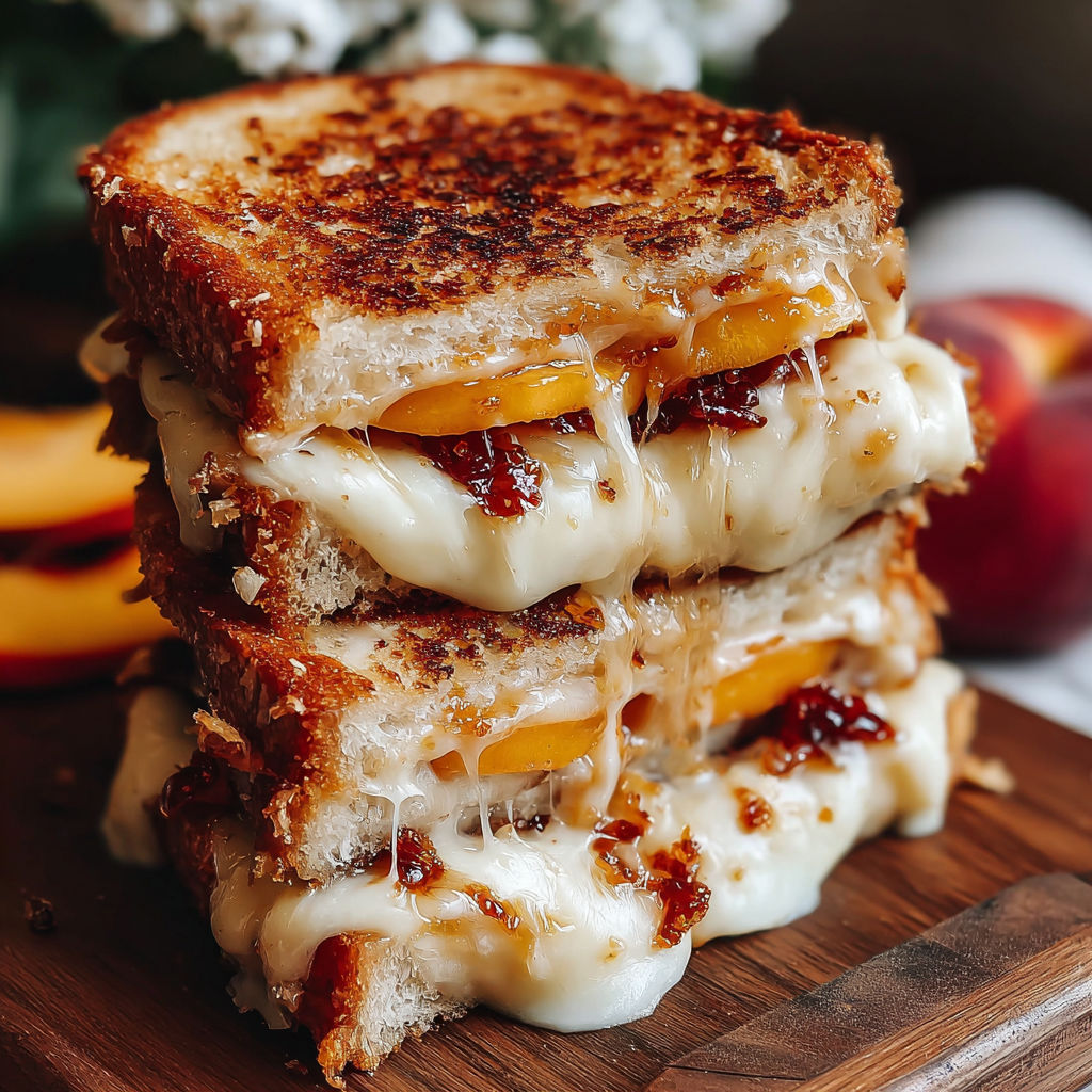 A stack of grilled cheese sandwiches with peaches and honey.