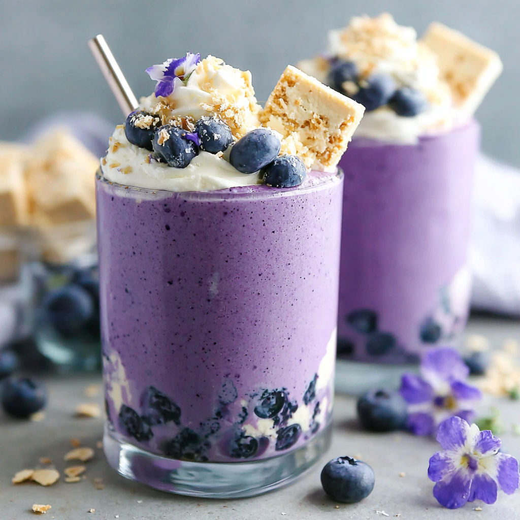 Two glasses of blueberry cheesecake protein shake.
