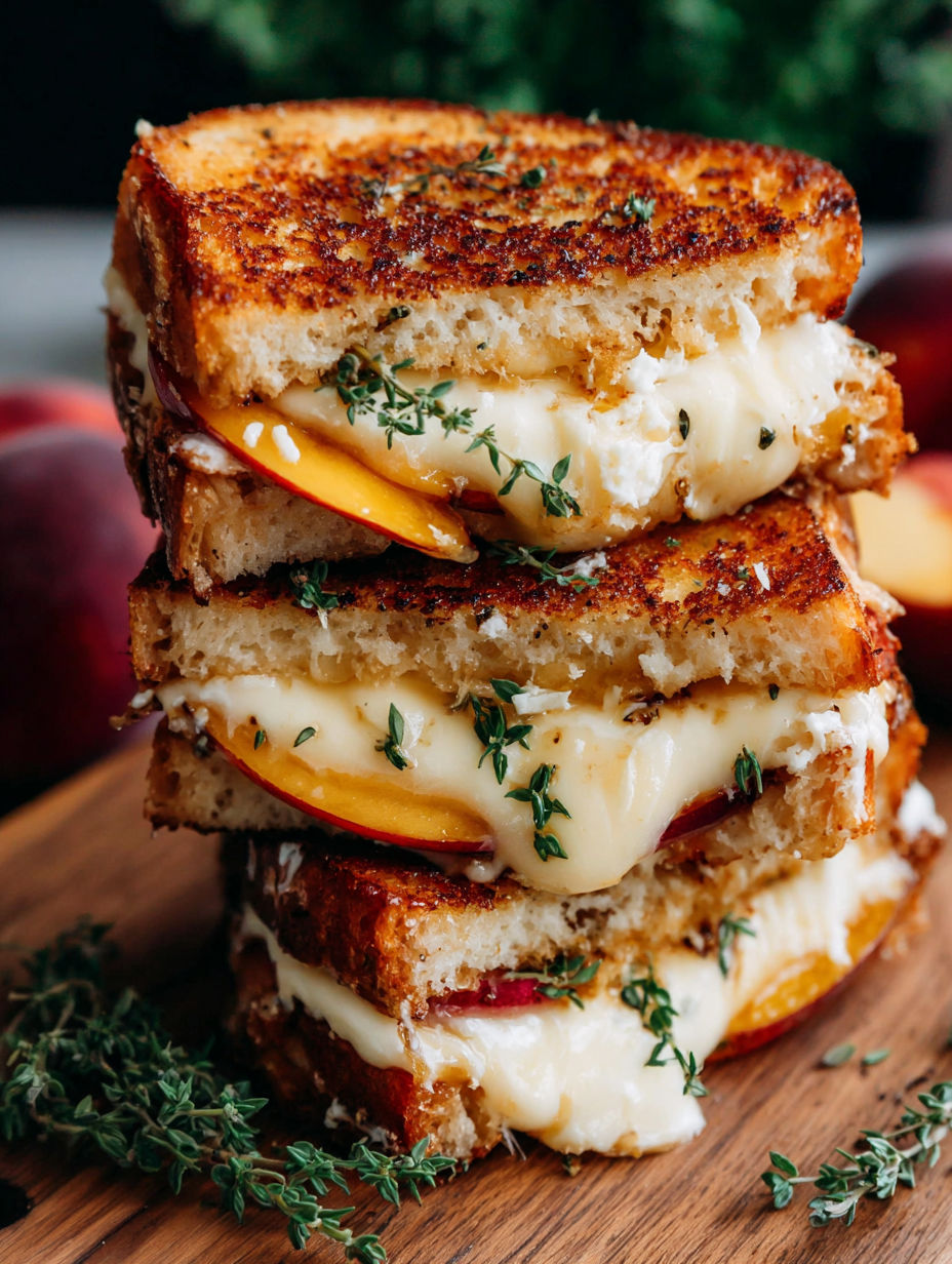 A stack of grilled cheese sandwiches with peaches and white cheddar.