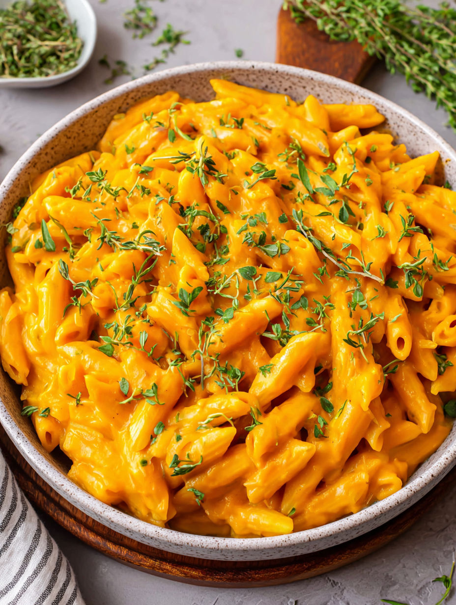 A bowl of macaroni and cheese with herbs on top.