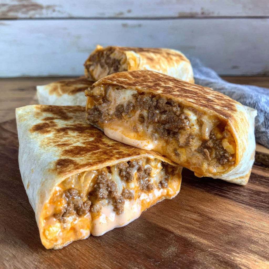 A burrito with meat and cheese on a table.