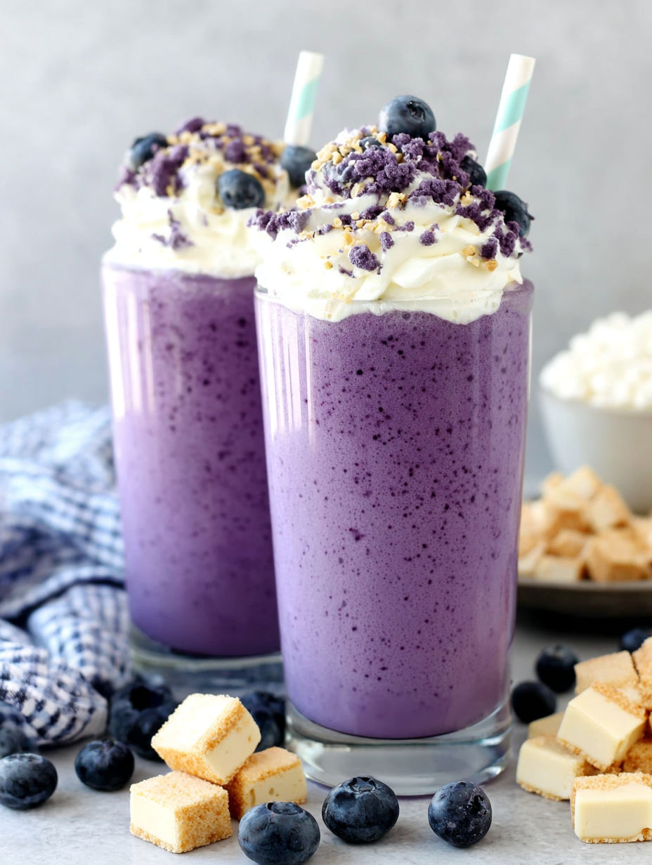 Two glasses of blueberry milkshake with blueberries on top.