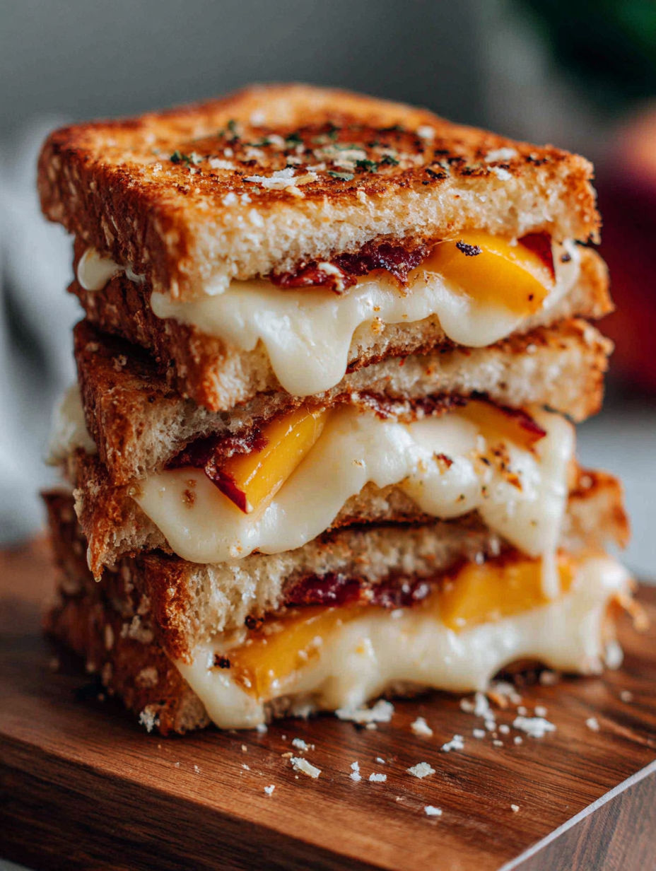 A stack of grilled cheese sandwiches with peaches and white cheddar.