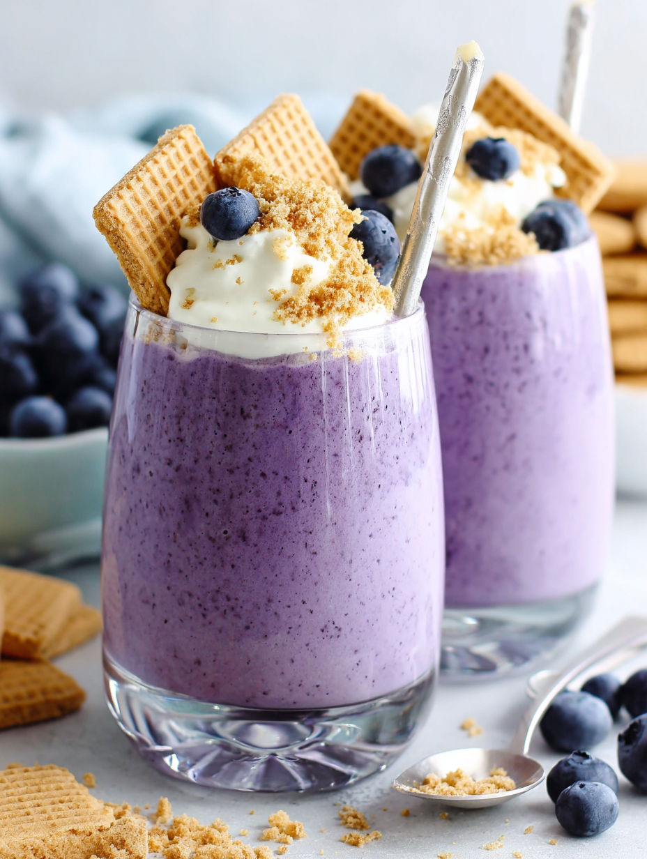 A glass of blueberry yogurt with a cookie on the side.