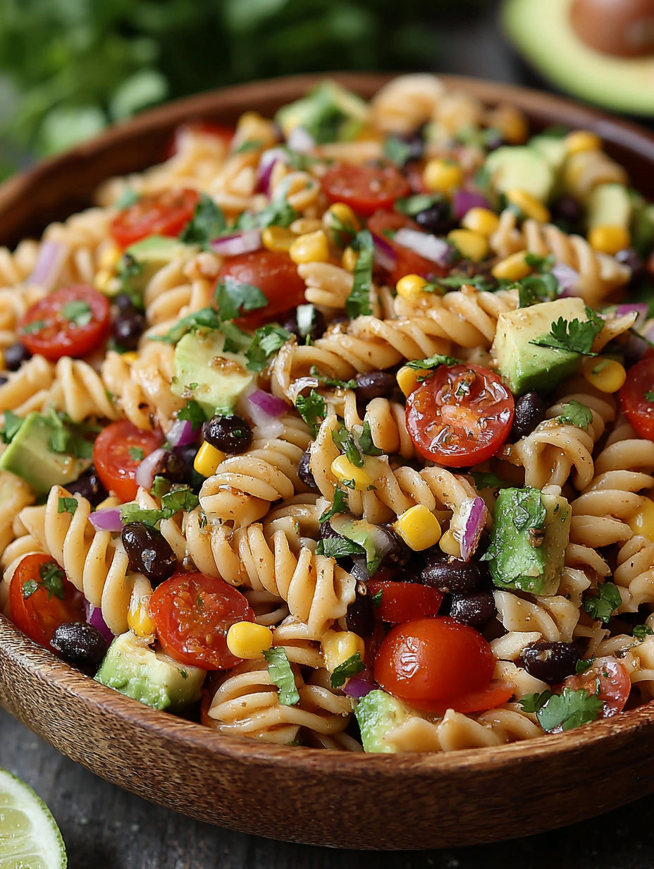A bowl of pasta salad with tomatoes, corn, black beans, and avocado.
