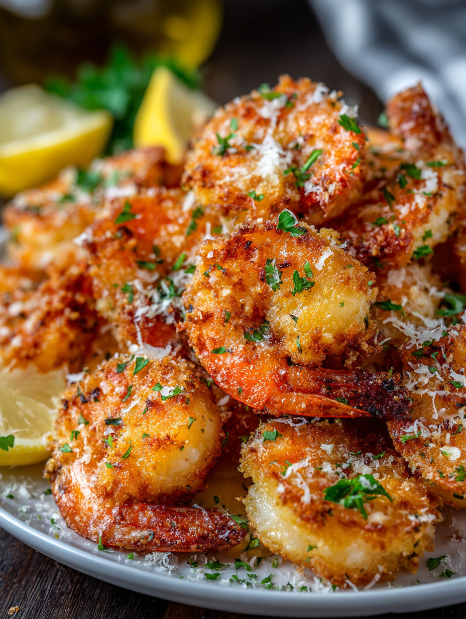 A plate of shrimp with garlic and Parmesan cheese.