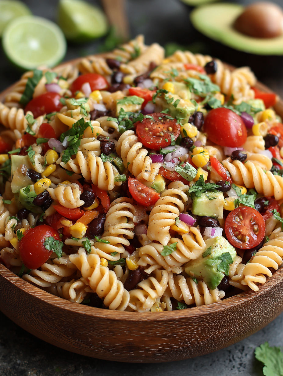 A bowl of pasta salad with tomatoes, corn, beans, and avocado.