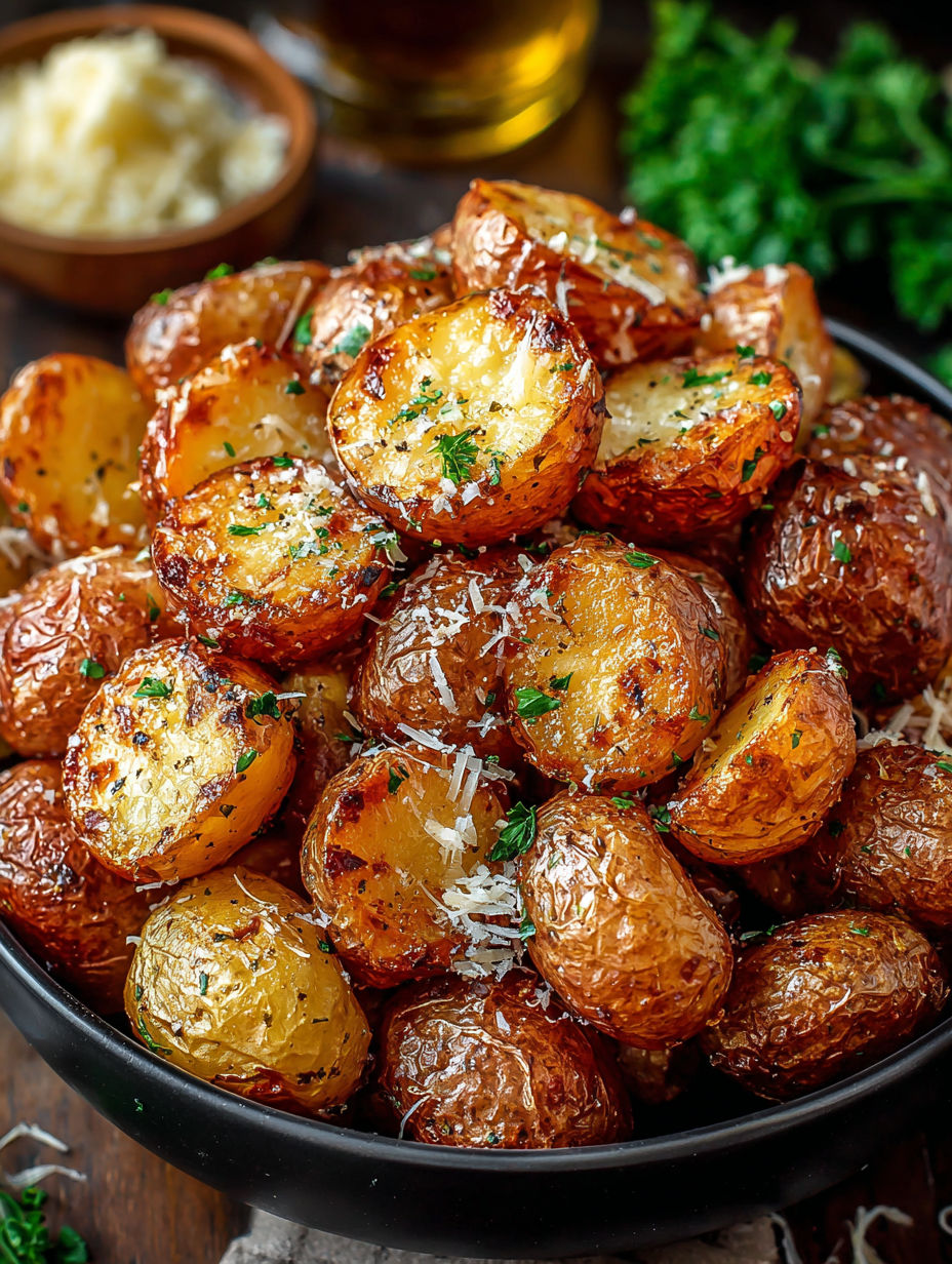 A bowl of roasted garlic butter Parmesan potatoes.