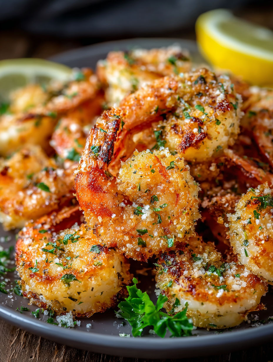 A plate of shrimp with garlic and Parmesan cheese.