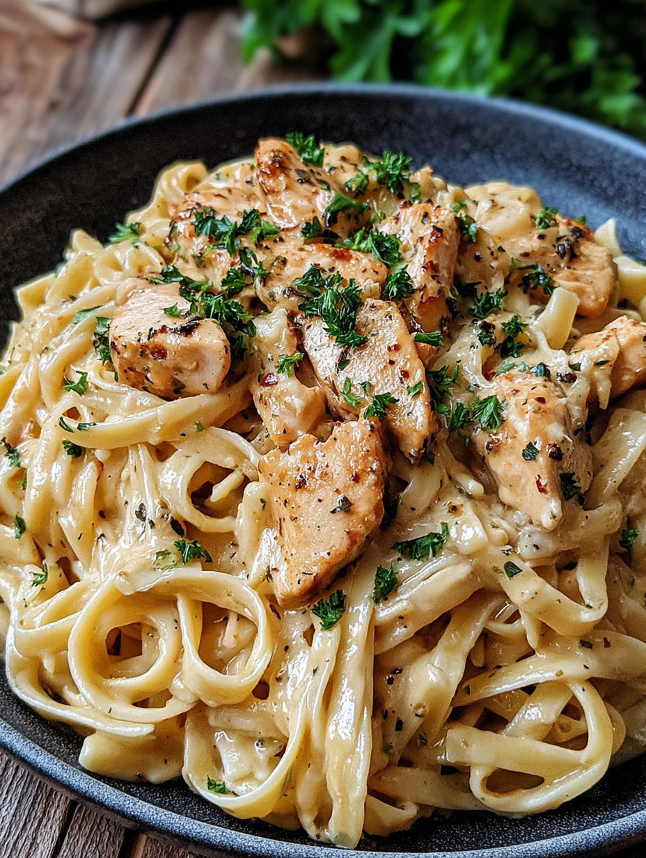 A bowl of pasta with chicken and herbs.