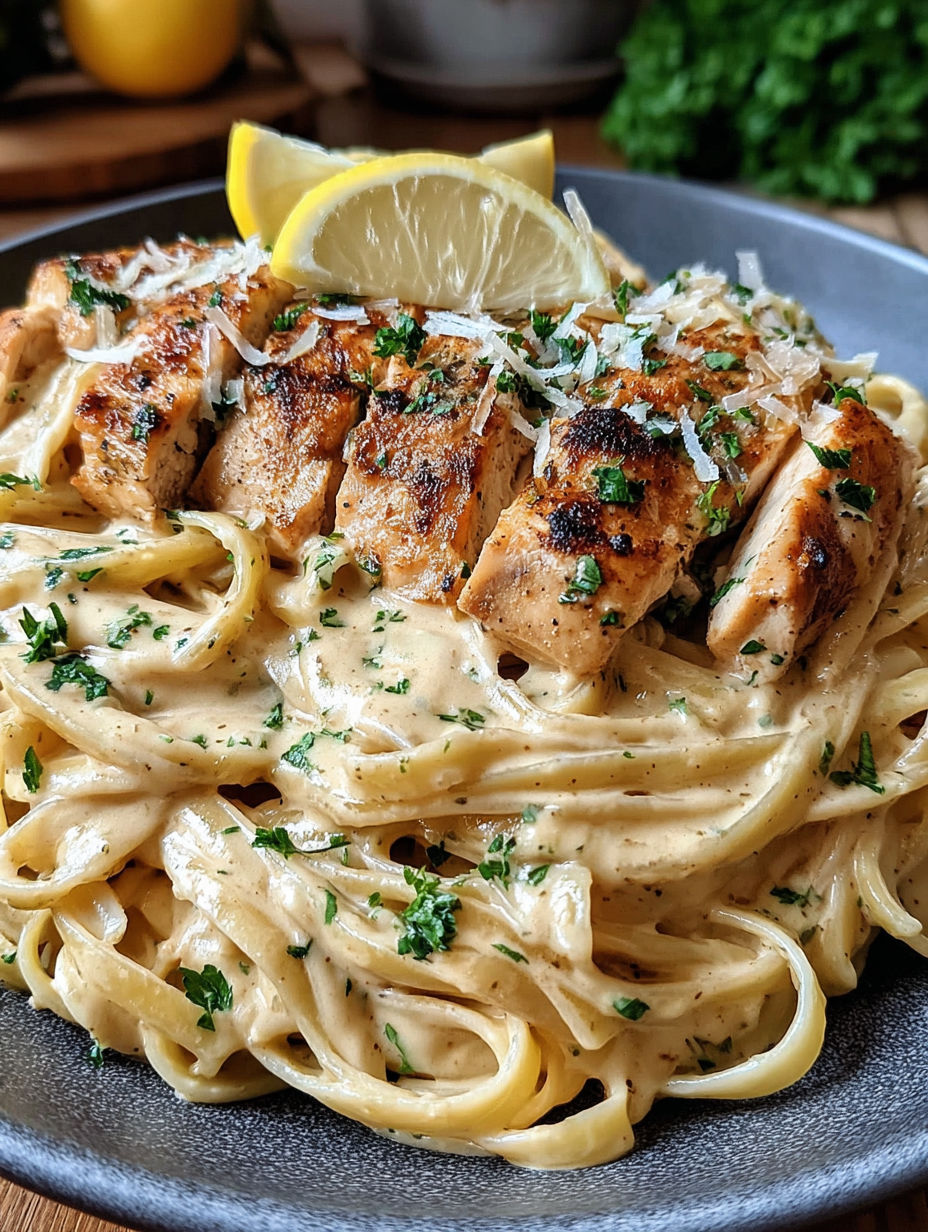 A plate of food with chicken and noodles.