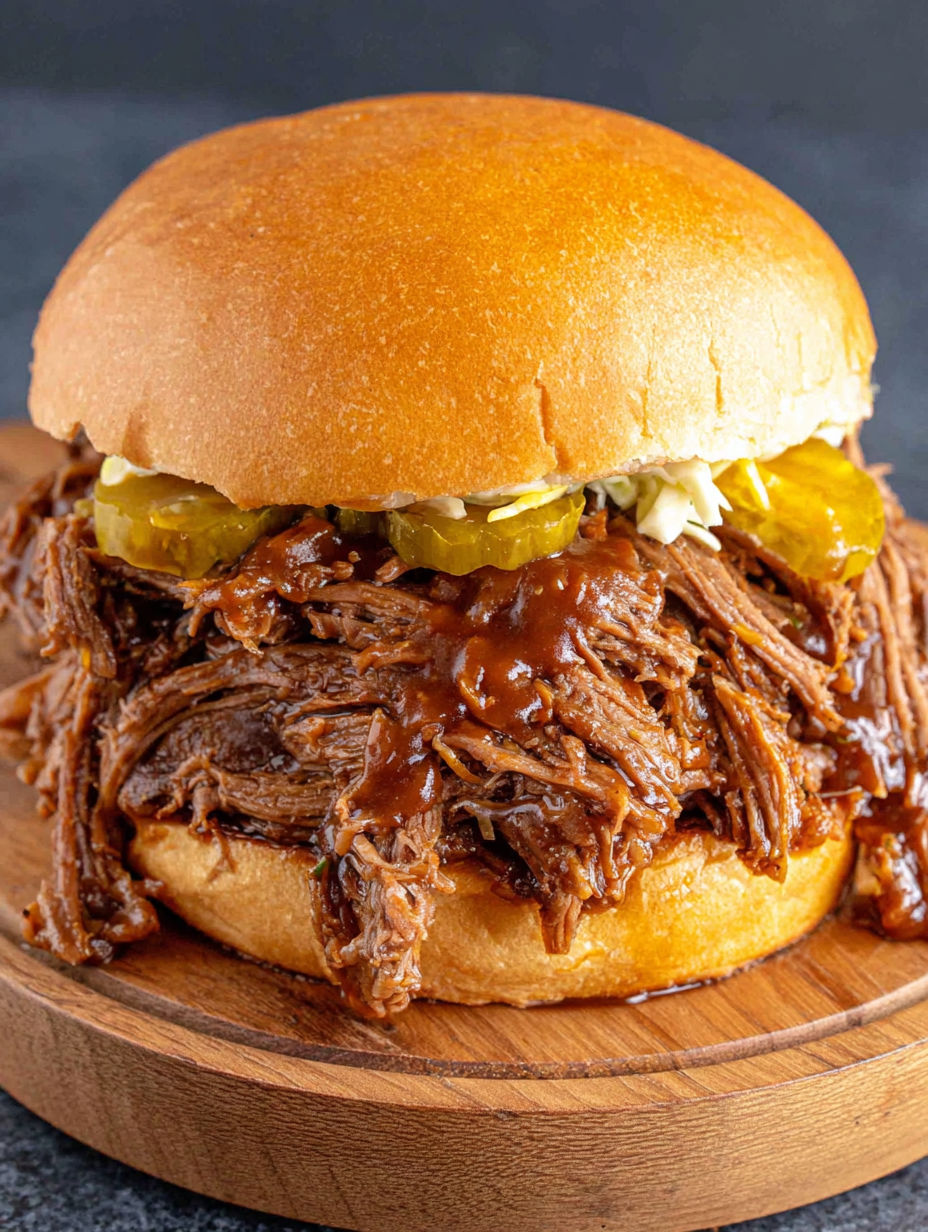 A close up of a delicious Pulled Beef Sandwich.
