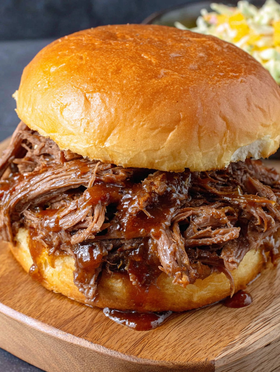 A close up of a delicious pulled beef sandwich.