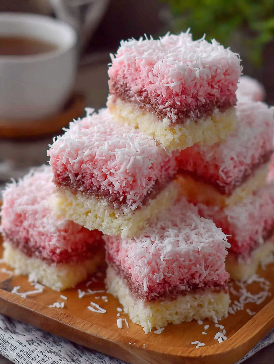 A stack of pink coconut snowball cake bars.