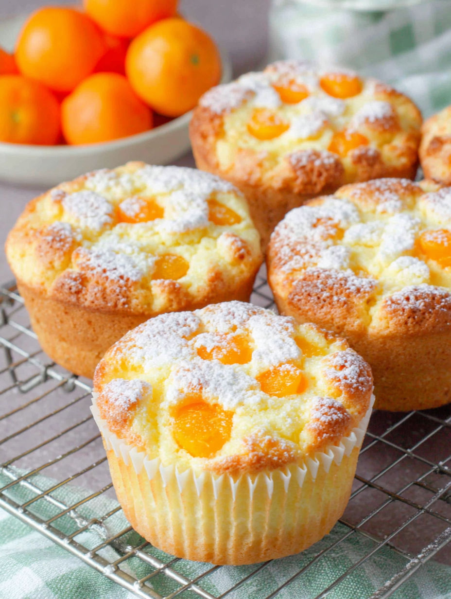 A tray of muffins with powdered sugar on top.