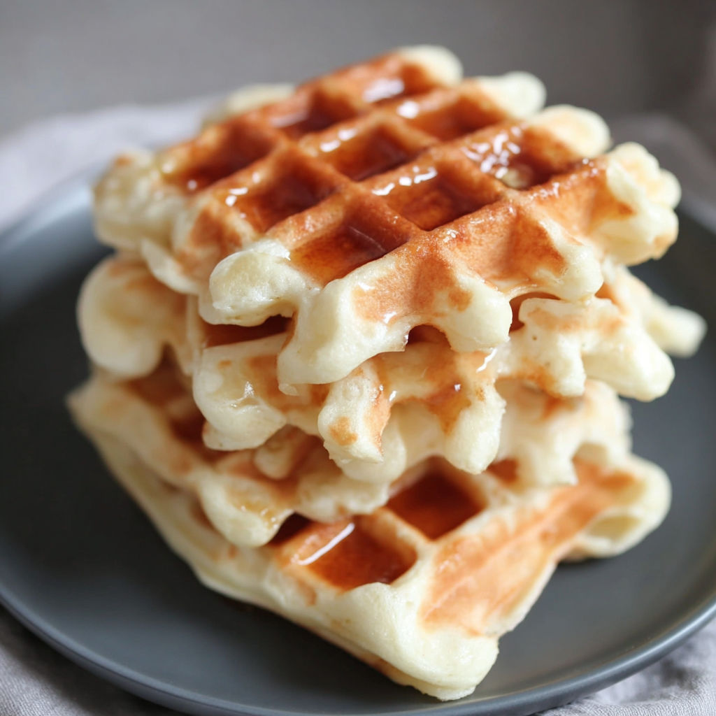 A stack of waffles on a plate.