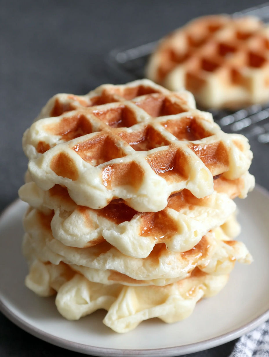 Stack of waffles on a plate.