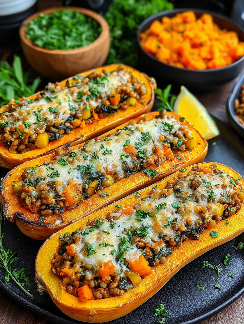 Two vegan stuffed butternut squashes in a bowl.