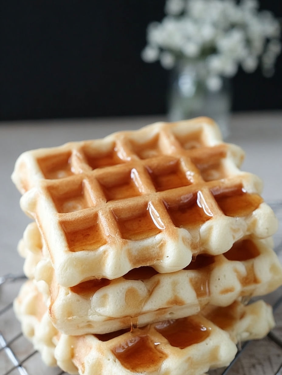 Stack of waffles with syrup.
