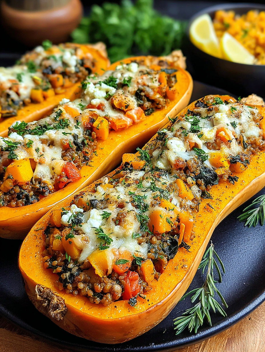 Two butternut squashes filled with meat and cheese.