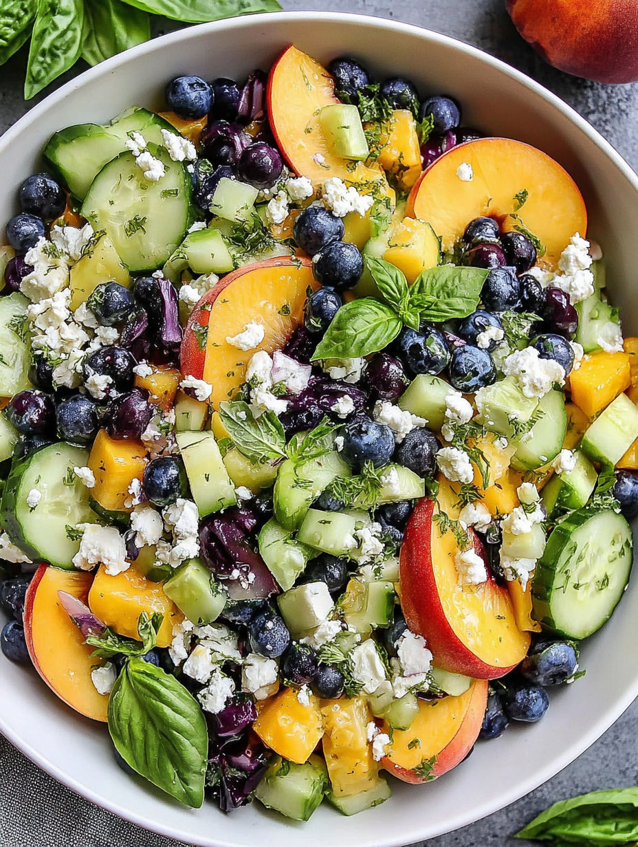 A bowl of fruit salad with blueberries, peaches, and feta cheese.