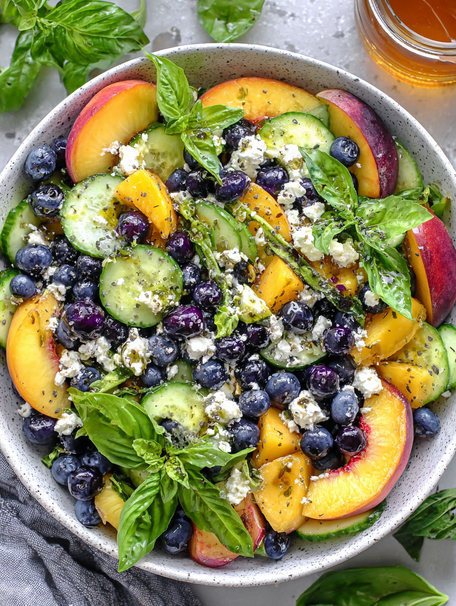 A bowl of salad with blueberries, peaches, and feta cheese.