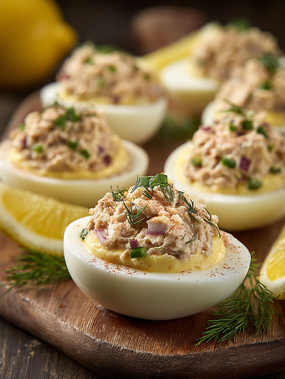 A plate of eggs filled with tuna salad.