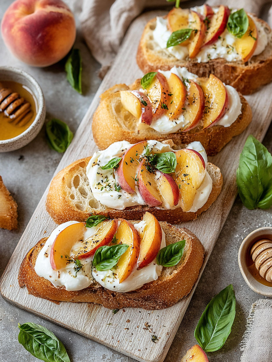 A slice of bread with peaches and cheese on top.