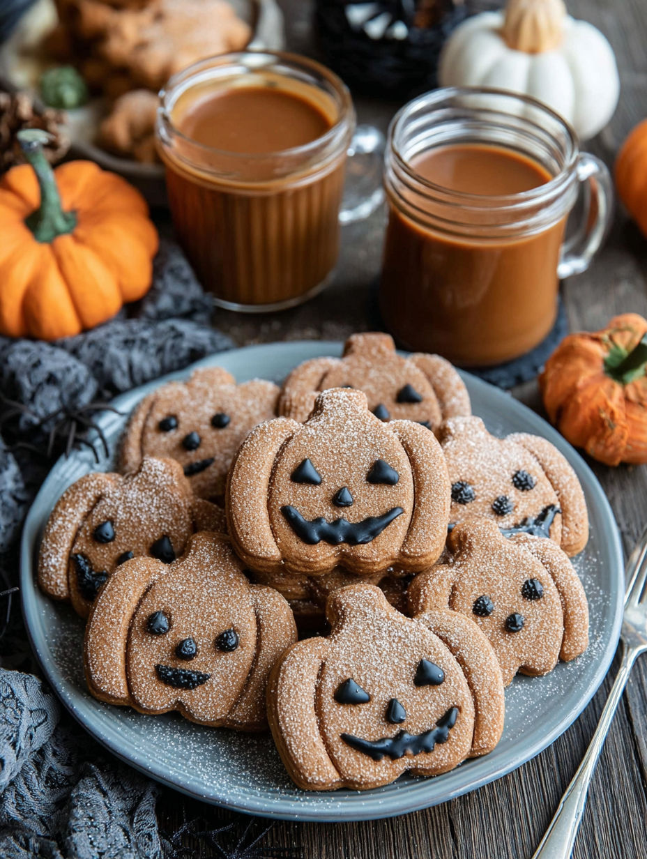 A plate of cookies with a pumpkin on top.