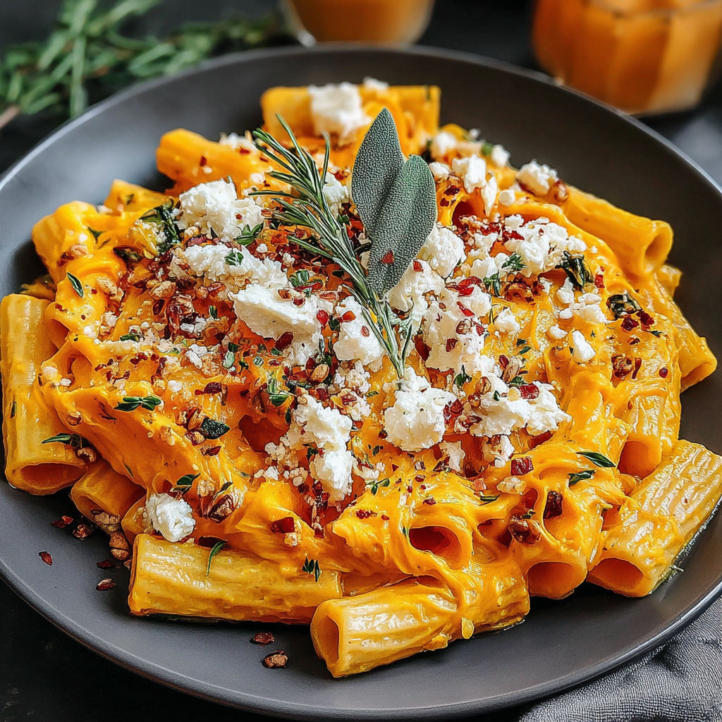 A plate of pasta with feta cheese and peppers.