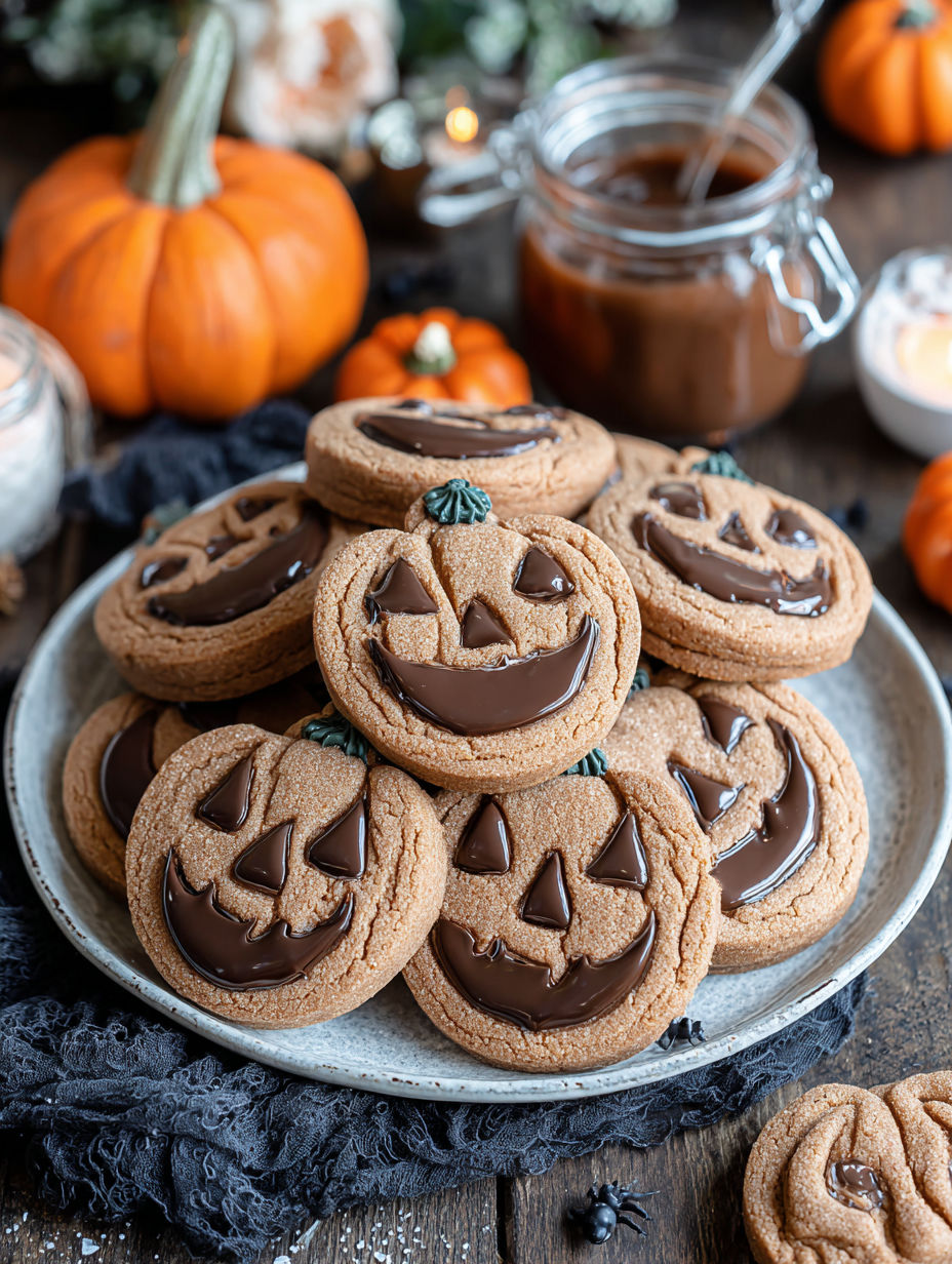 A plate of cookies with chocolate frosting and pumpkin decorations.