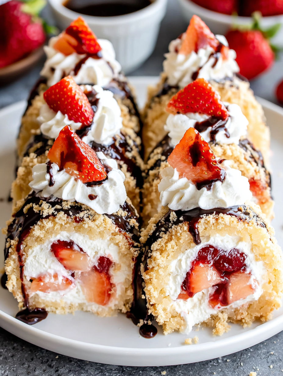 A plate of sushi rolls with strawberries and whipped cream.