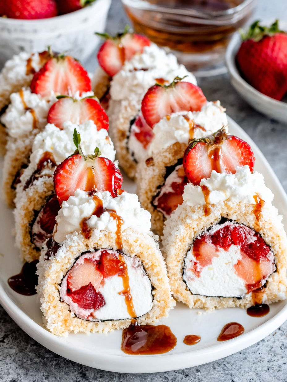 A plate of strawberry shortcake cheesecake sushi rolls.