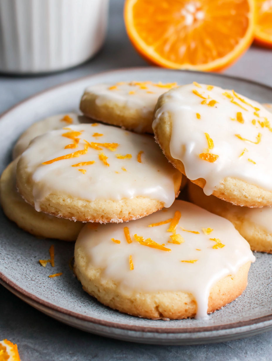 A plate of cookies with orange icing.