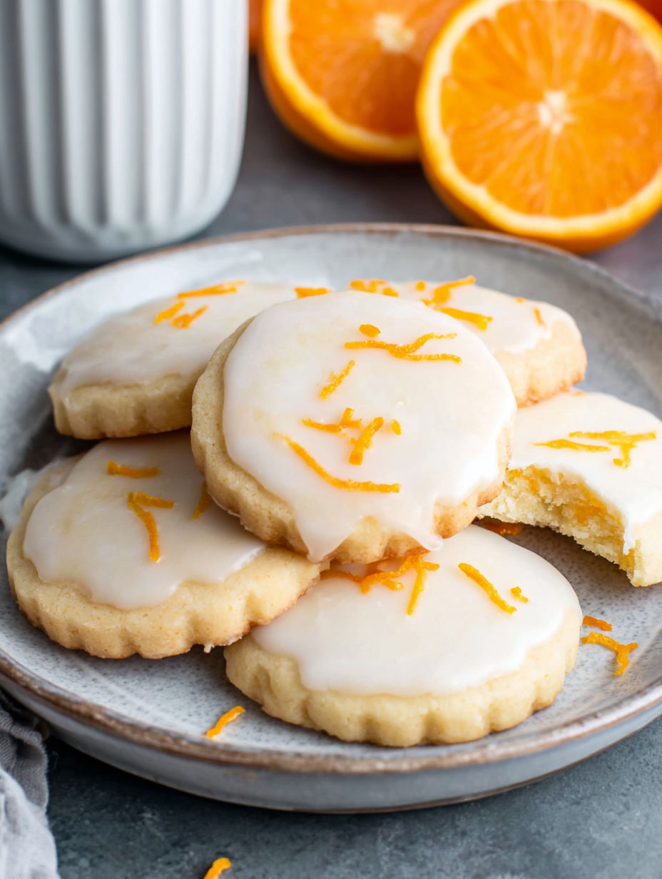 A plate of cookies with orange icing.