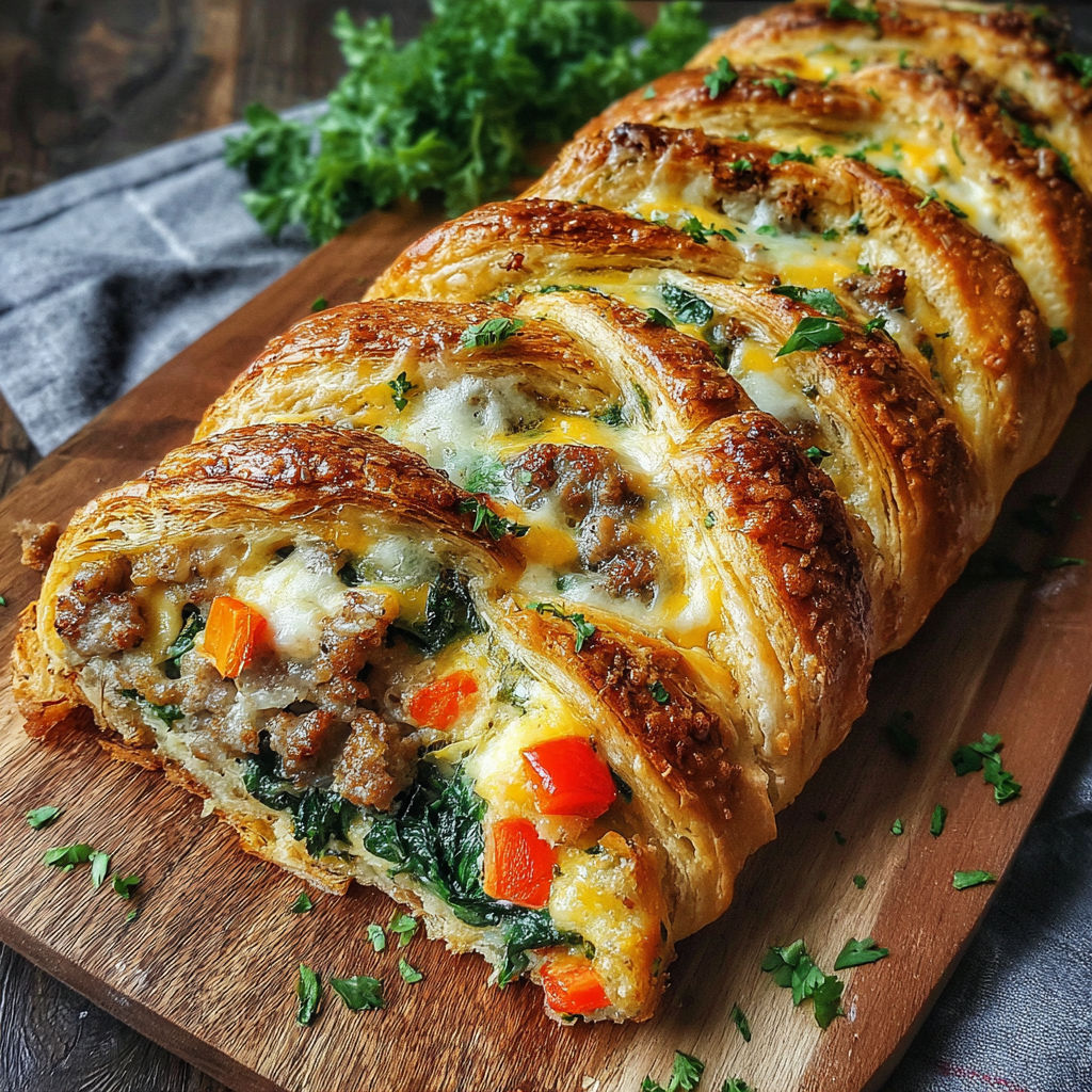 A baked pastry with meat and vegetables.