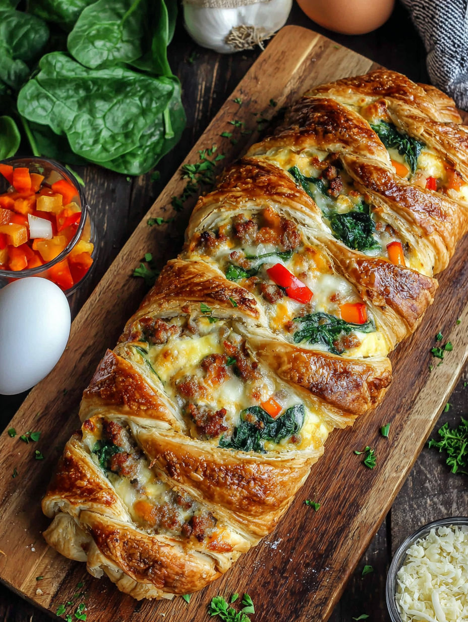 A long croissant with meat and vegetables inside.