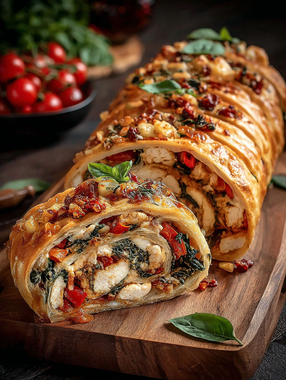 A large, long, and colorful herzhaftes Blätterteig-Stromboli.