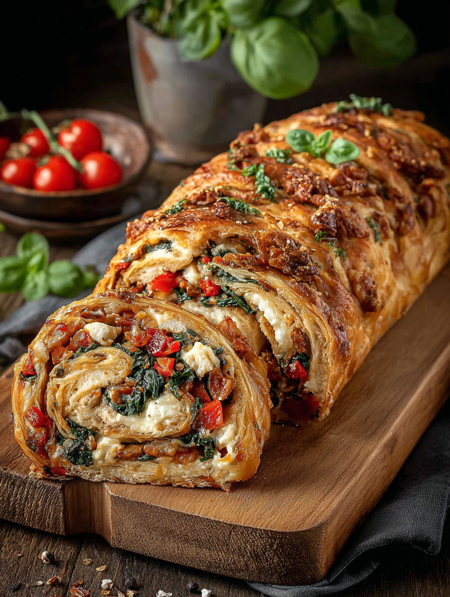A long roll of bread with a variety of toppings.